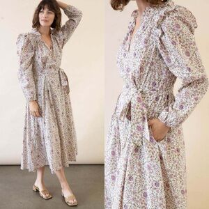 XIRENA isley dress in ivy vines cream pastel pink floral long sleeve ruffles XS